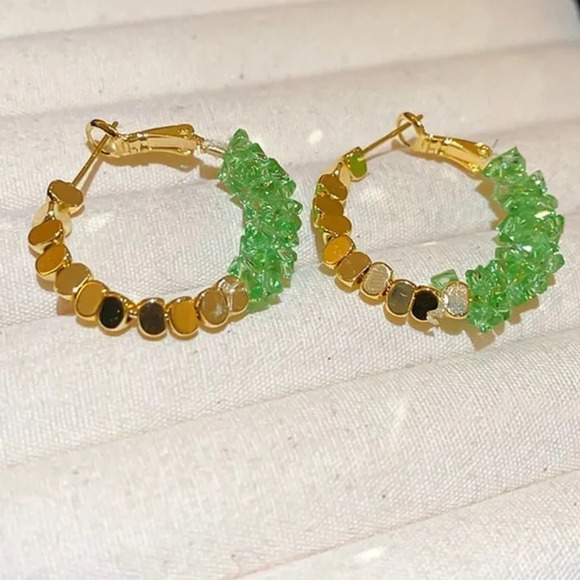 Jewelry - New! Retro Style Copper Crystal Hematite Earrings Green & Gold Huggie
